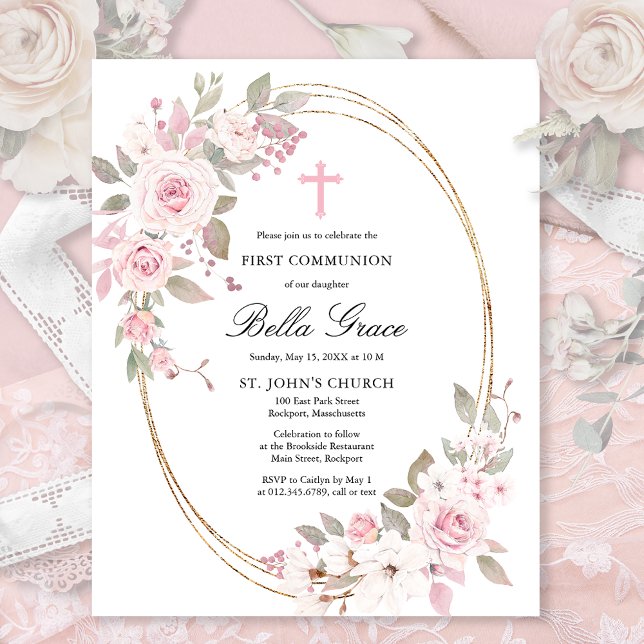 Budget Pink Floral First Holy Communion Invitation (Creator Uploaded)