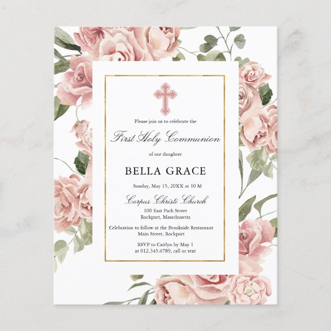 Budget Pink Floral First Holy Communion Invitation Flyer (Front)