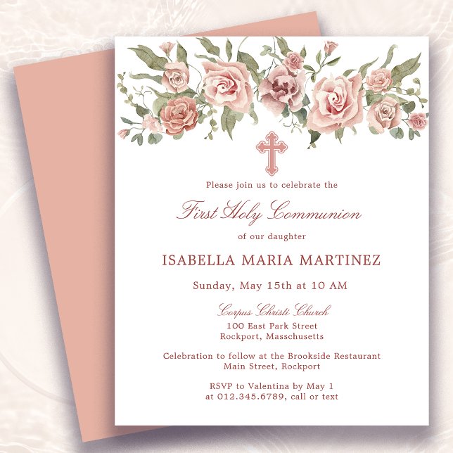 Budget Pink Floral First Holy Communion Invitation Flyer (Creator Uploaded)