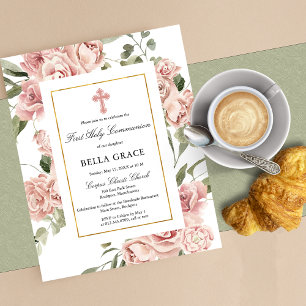 Budget Pink Floral First Holy Communion Invitation Flyer