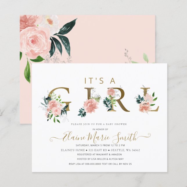 Budget Pink Floral Girl Baby Shower Invitation (Front/Back)