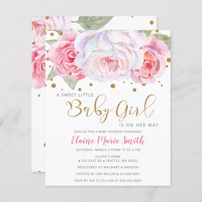 Budget Pink Floral Girl Baby Shower Invitation (Front/Back)