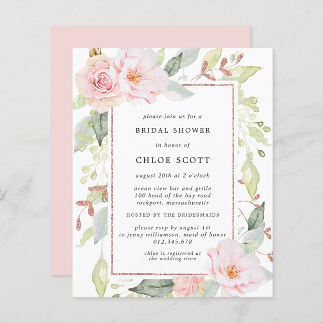 Budget Pink Floral Gold Bridal Shower Invitation (Front/Back)