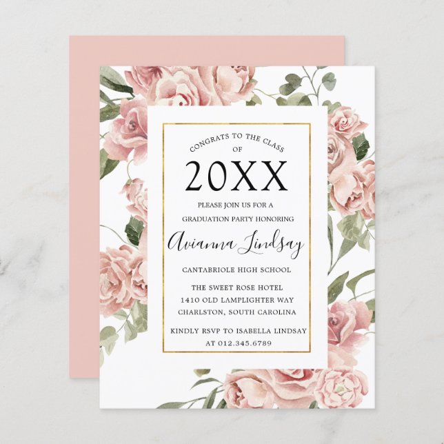 Budget Pink Floral Graduation Party Invitation (Front/Back)