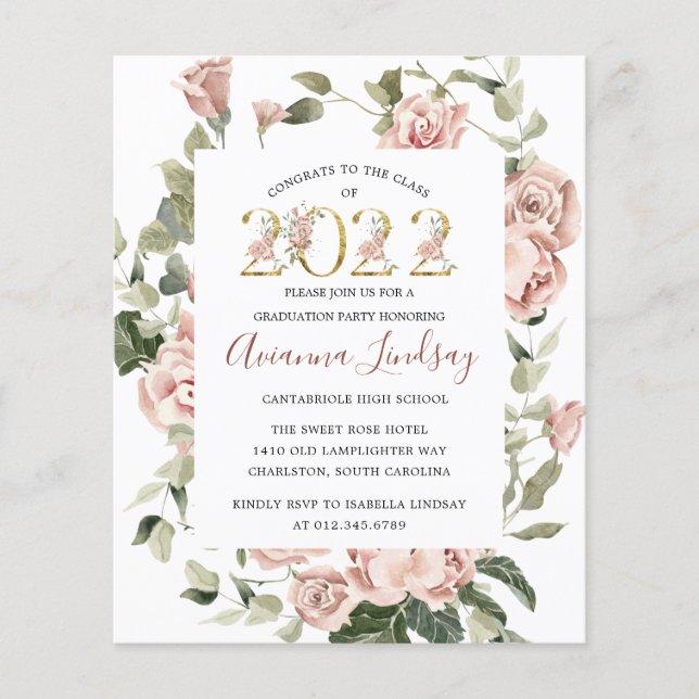 Budget Pink Floral Graduation Party Invitation Flyer (Front)