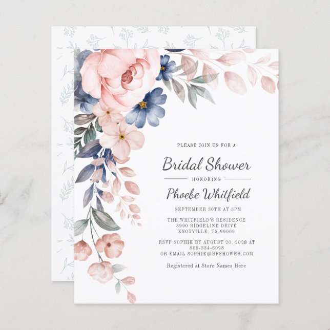 Budget Pink Floral Modern Bridal Shower Invitation (Front/Back)