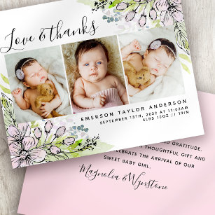 Budget Pink Floral Photo Baby Thank You Card
