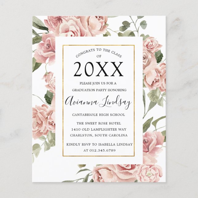 Budget Pink Floral Photo Back Graduation Party Flyer (Front)