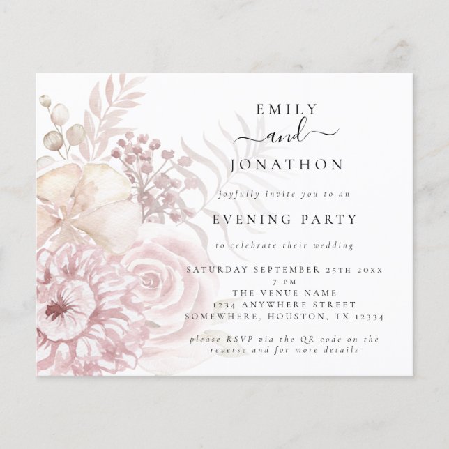 Budget Pink Floral QR Wedding Evening Party Invite (Front)
