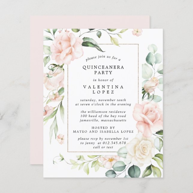 Budget Pink Floral Quinceanera Party Invitation (Front/Back)