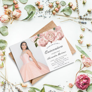 Budget Pink Floral Quinceanera Photo Invitation Flyer