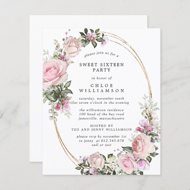 Budget Pink Floral Sweet 16 Party Invitation (Front/Back)
