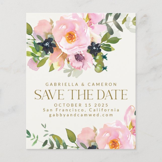 Budget Pink Floral Watercolor Save the Date Card (Front)