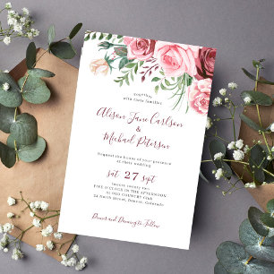 Budget pink floral watercolor wedding invitation