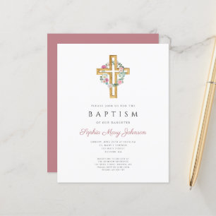 Budget Pink Floral Wreath Cross Baptism Invitation