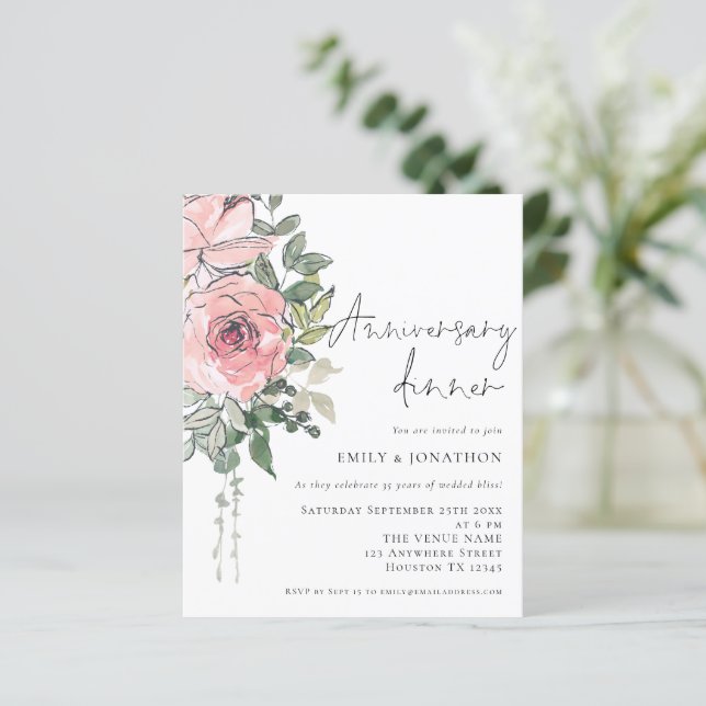 Budget Pink Florals Anniversary Dinner  Invite (Standing Front)
