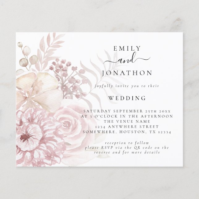 Budget Pink Florals QR Code Wedding Invitation (Front)