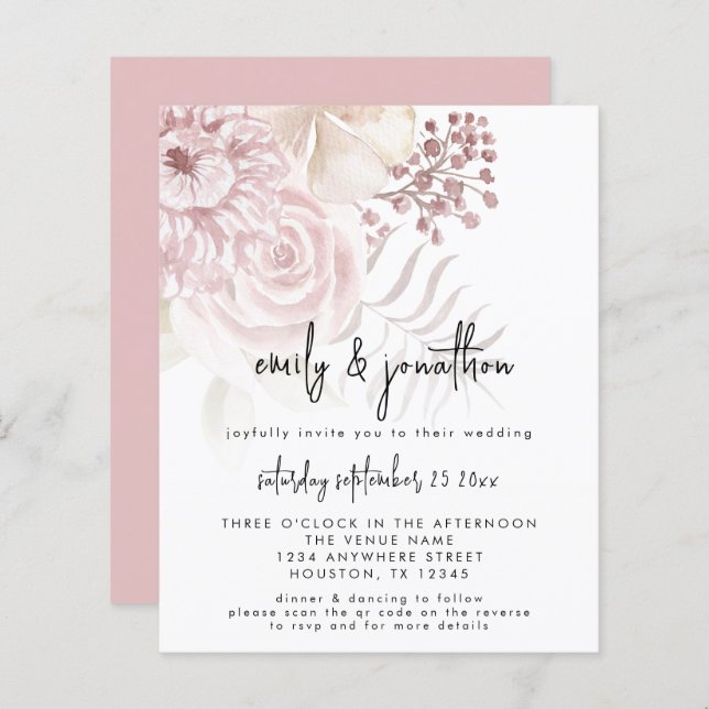 Budget Pink Florals Script QR Code Wedding Invite (Front/Back)