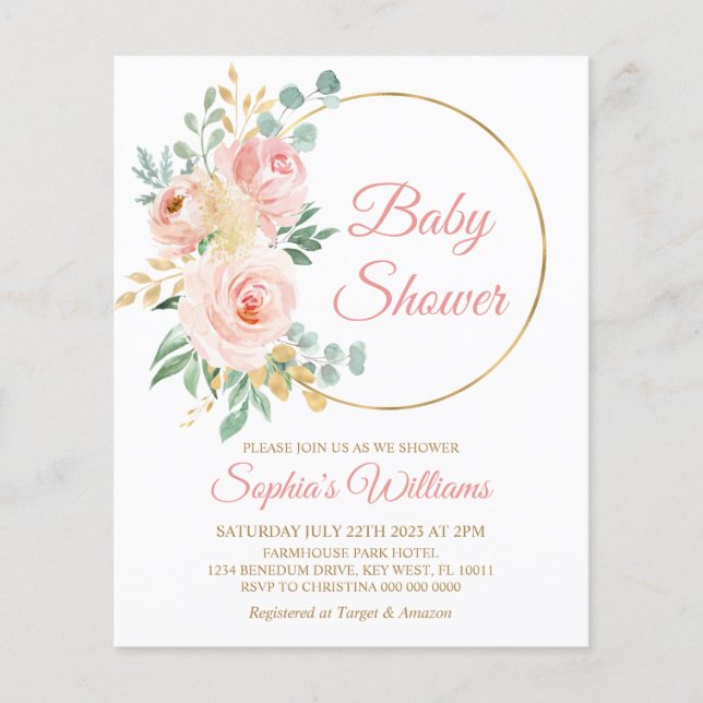 Budget Pink Flowers & Gold Baby Shower Invitation (Front)