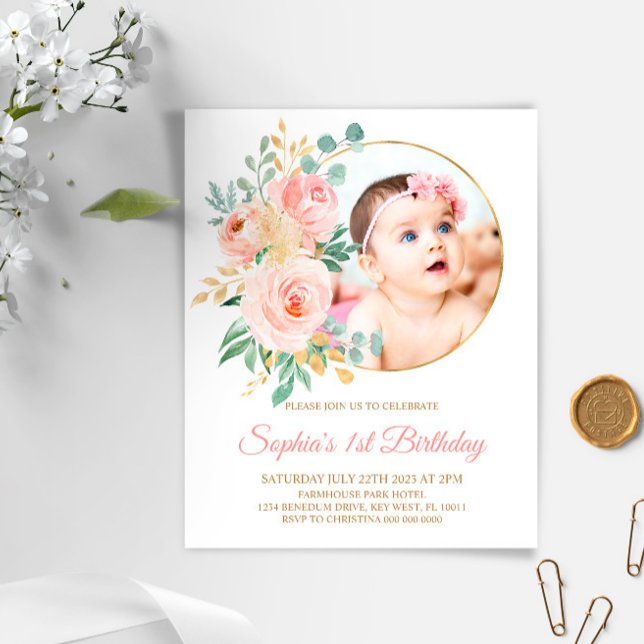 Budget Pink Flowers & Gold First Birthday Invite (Creator Uploaded)