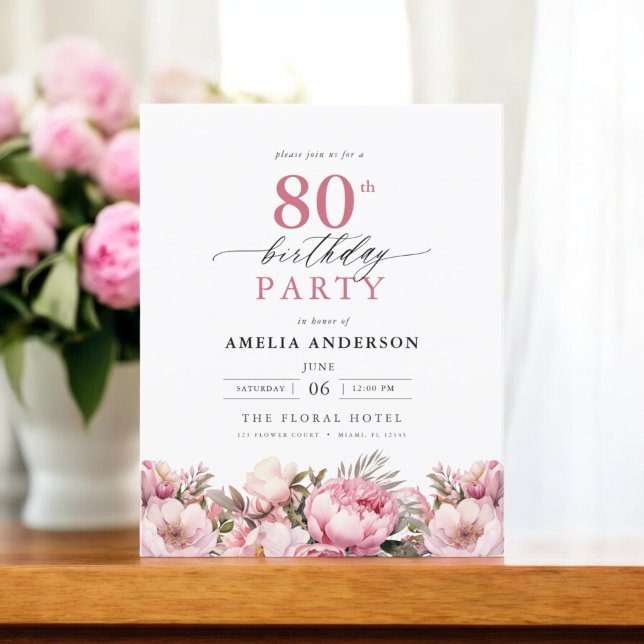 Budget Pink Garden Floral 80th Birthday Invitation (Creator Uploaded)