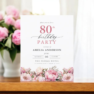 Budget Pink Garden Floral 80th Birthday Invitation Flyer
