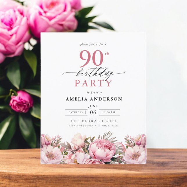 Budget Pink Garden Floral 90th Birthday Invitation (Creator Uploaded)