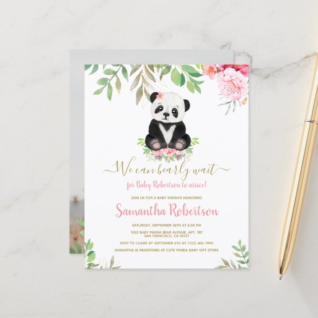 Budget Pink Girl Bear Photo Baby Shower Invitation (Front/Back In Situ)