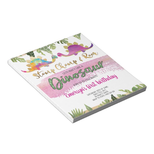 Budget Pink Girl Dinosaur Birthday Invitation Notepad (Angled)