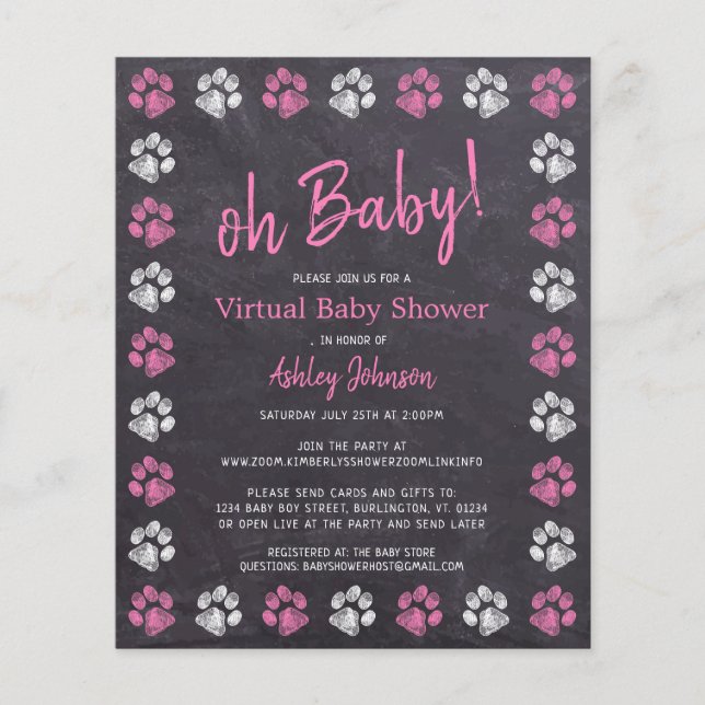 Budget Pink Girl Paw Print Virtual Baby Shower (Front)