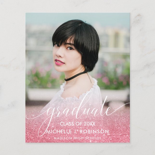 BUDGET PINK Glitter Ombre Girly Photo Graduation (Front)