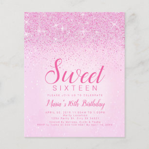 Budget Pink Glitter, Sweet 16 Invitations