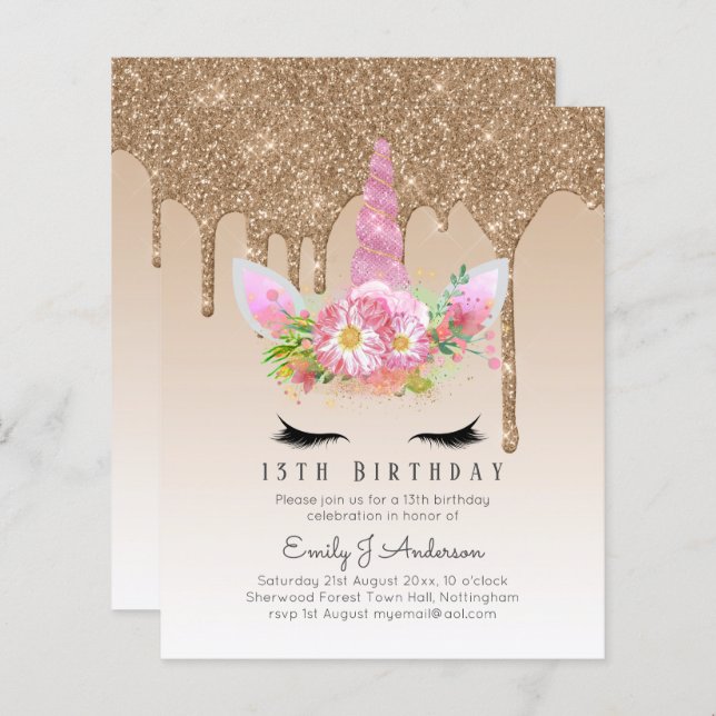 BUDGET Pink Glitter Unicorn Girls Birthday Invites (Front/Back)