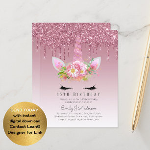 BUDGET Pink Glitter Unicorn Girls Birthday Invites