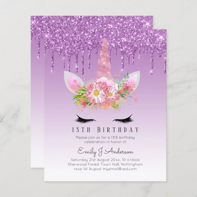 BUDGET Pink Glitter Unicorn Girls Birthday Invites (Front/Back)