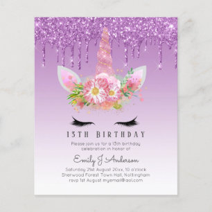 BUDGET Pink Glitter Unicorn Girls Birthday Invites Flyer