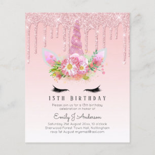 BUDGET Pink Glitter Unicorn Girls Birthday Invites Flyer