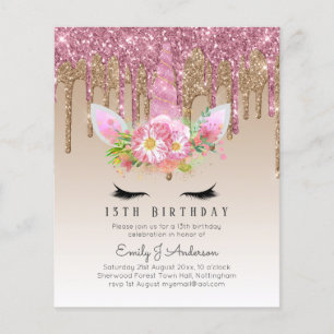 BUDGET Pink Glitter Unicorn Girls Birthday Invites Flyer
