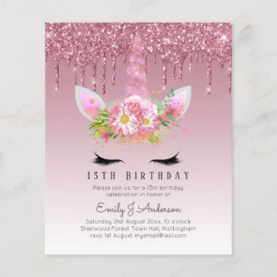 BUDGET Pink Glitter Unicorn Girls Birthday Invites Flyer