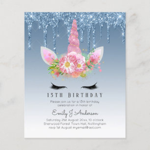 BUDGET Pink Glitter Unicorn Girls Birthday Invites Flyer