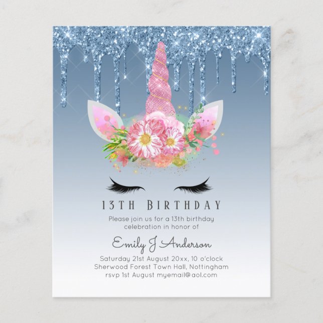 BUDGET Pink Glitter Unicorn Girls Birthday Invites Flyer (Front)