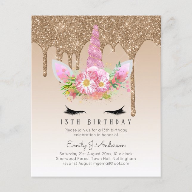 BUDGET Pink Glitter Unicorn Girls Birthday Invites Flyer (Front)