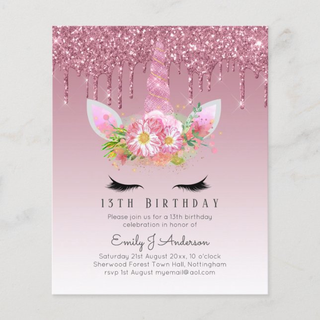 BUDGET Pink Glitter Unicorn Girls Birthday Invites Flyer (Front)