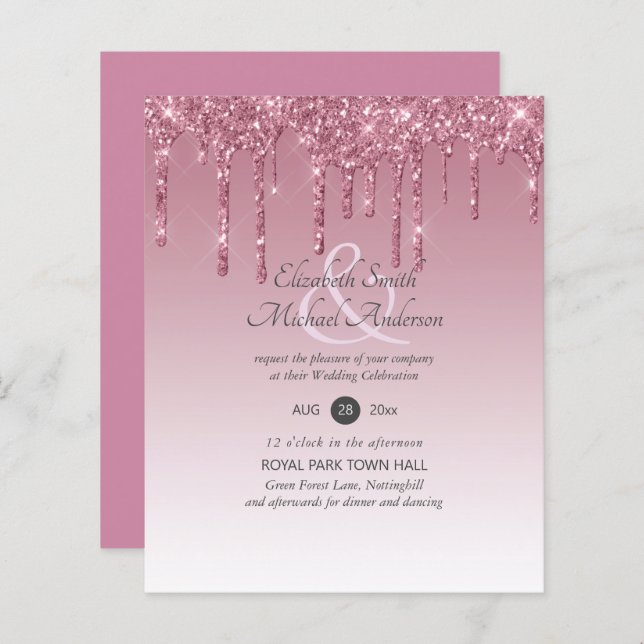 BUDGET Pink Glitter Wedding Invitations (Front/Back)