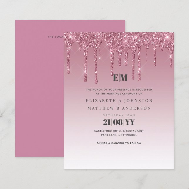 BUDGET Pink Glitter Wedding Invitations (Front/Back)