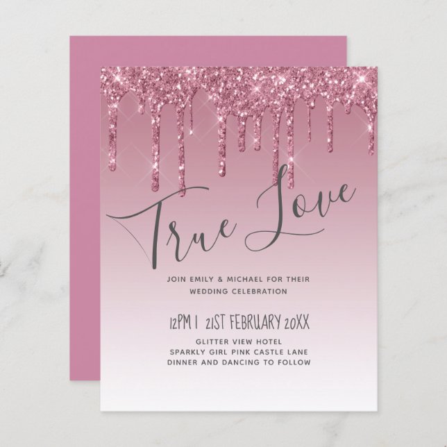 BUDGET Pink Glitter Wedding Invitations (Front/Back)