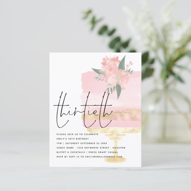Budget Pink Gold Birthday Cake 30th Party Invite (Standing Front)