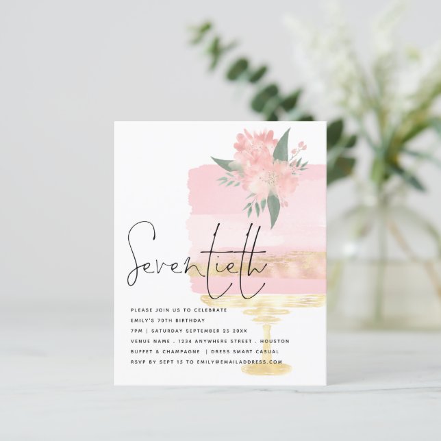 Budget Pink Gold Birthday Cake 70th Party Invite (Standing Front)