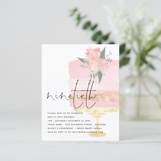 Budget Pink Gold Birthday Cake 90th Party Invite (Standing Front)