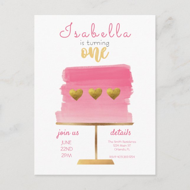 Budget | Pink & Gold First Birthday Invitation Postcard (Front)